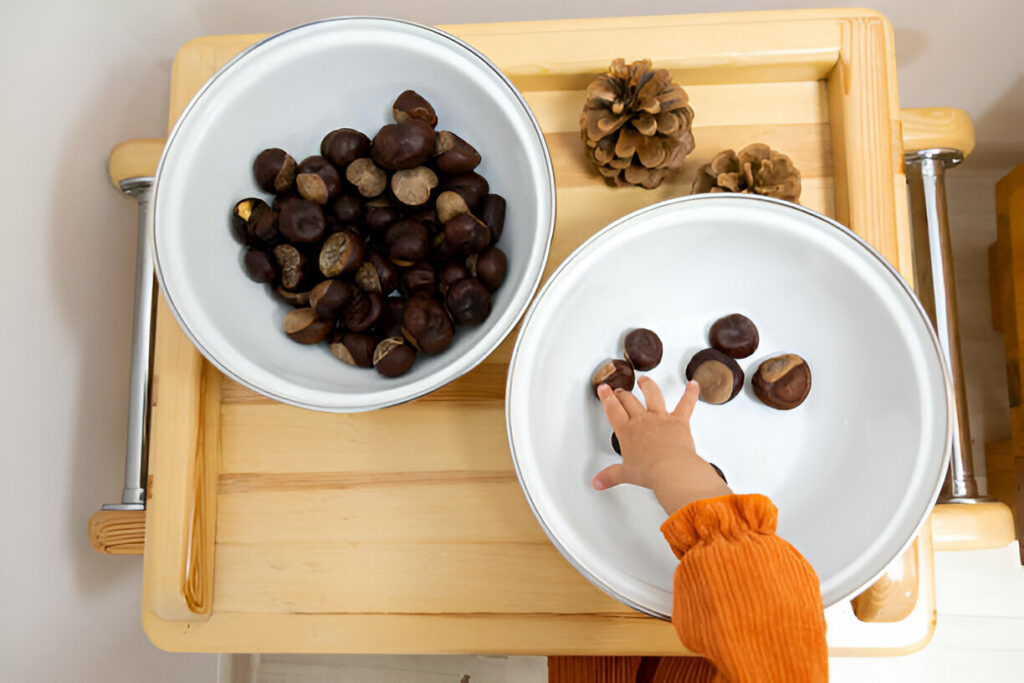 Bebé jugando con frutos secos Bebé jugando con frutos secos